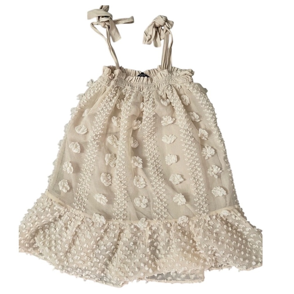VICI Cream Lace Floral Tulle Mini Dress Babydoll Tie Straps Smocked Sz SMALL - Picture 3 of 7